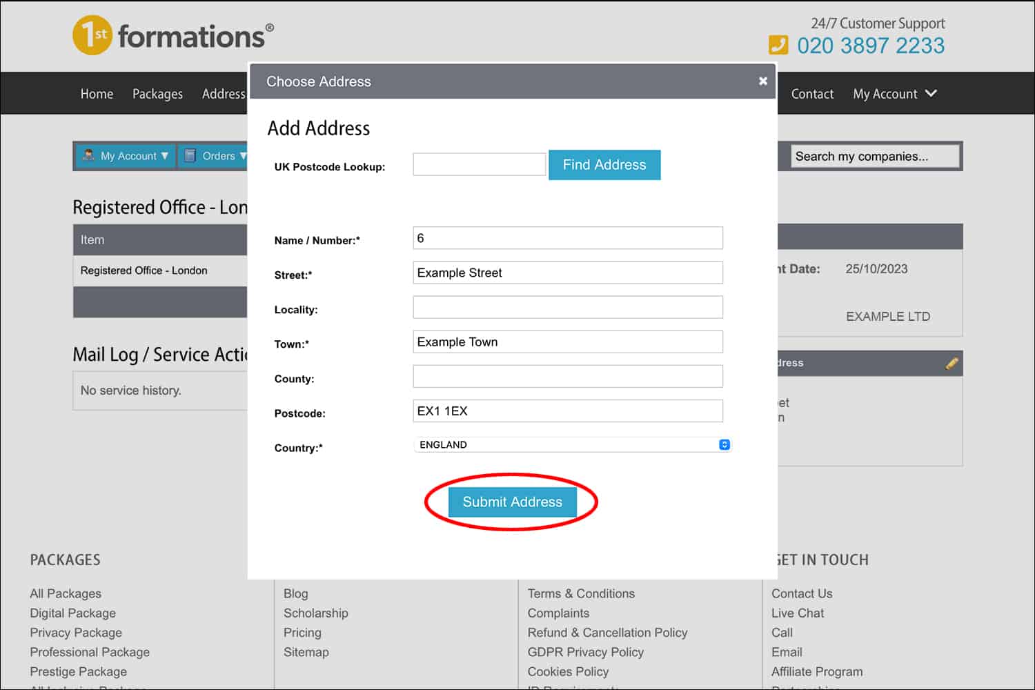 1st Formations' Online Company Manager Choose Address pop-up, highlighting the 'Submit Address' button with a red circle.