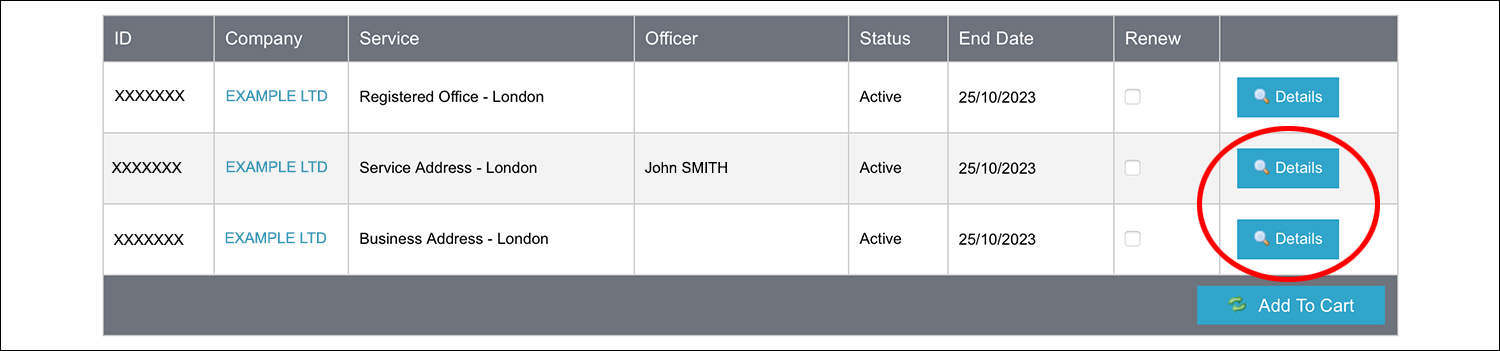 1st Formations' Online Company Manager Services page, highlighting two 'Details' buttons with a red circle.