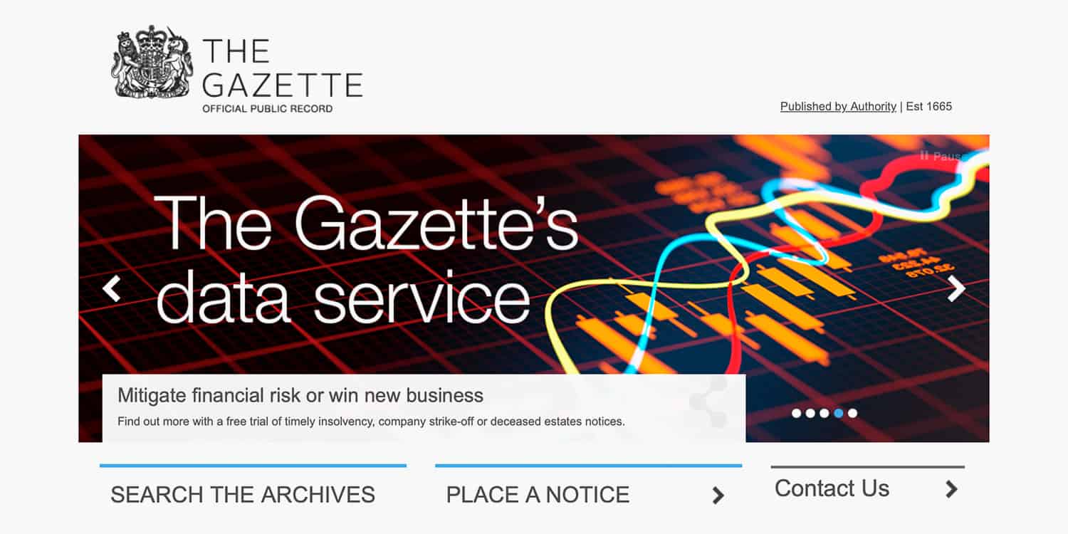Screenshot of The Gazette Official Public Record website homepage.