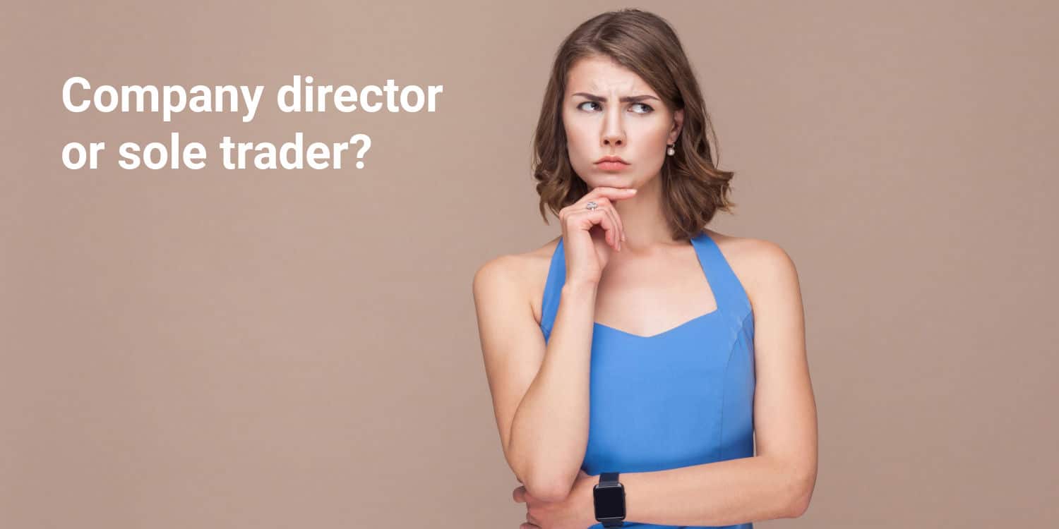 Confused businesswoman looking up and thinking, should I operate as a company director or a sole trader?