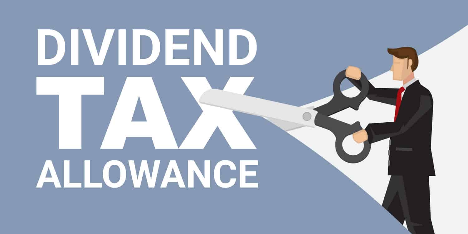 Illustration of a businessman with a giant pair of scissors cutting a grey poster displaying the headline DIVIDEND TAX ALLOWANCE. Concept of tax allowance reduction.
