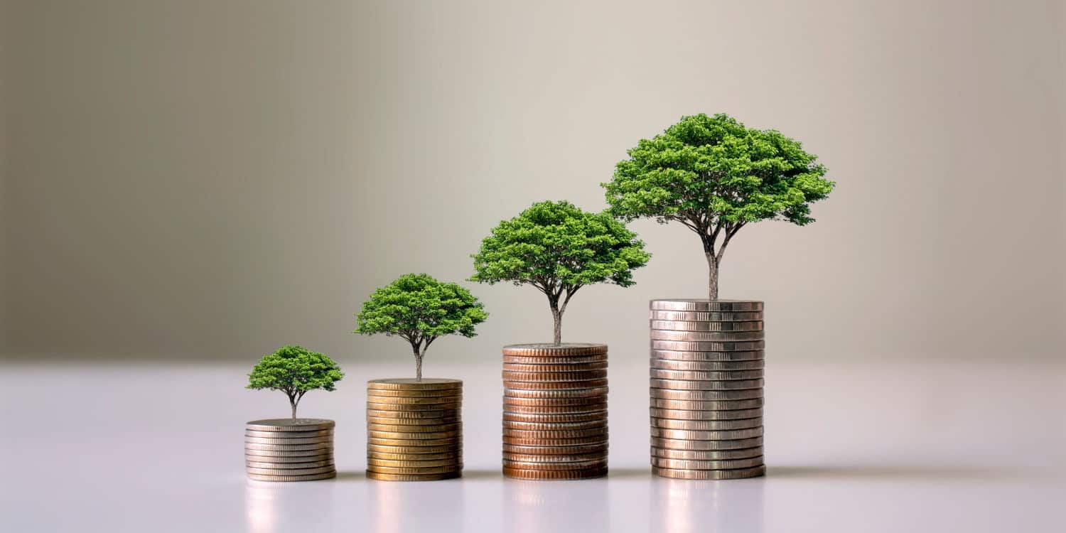 Illustration showing business expansion and growth with trees growing on stacks of coins.