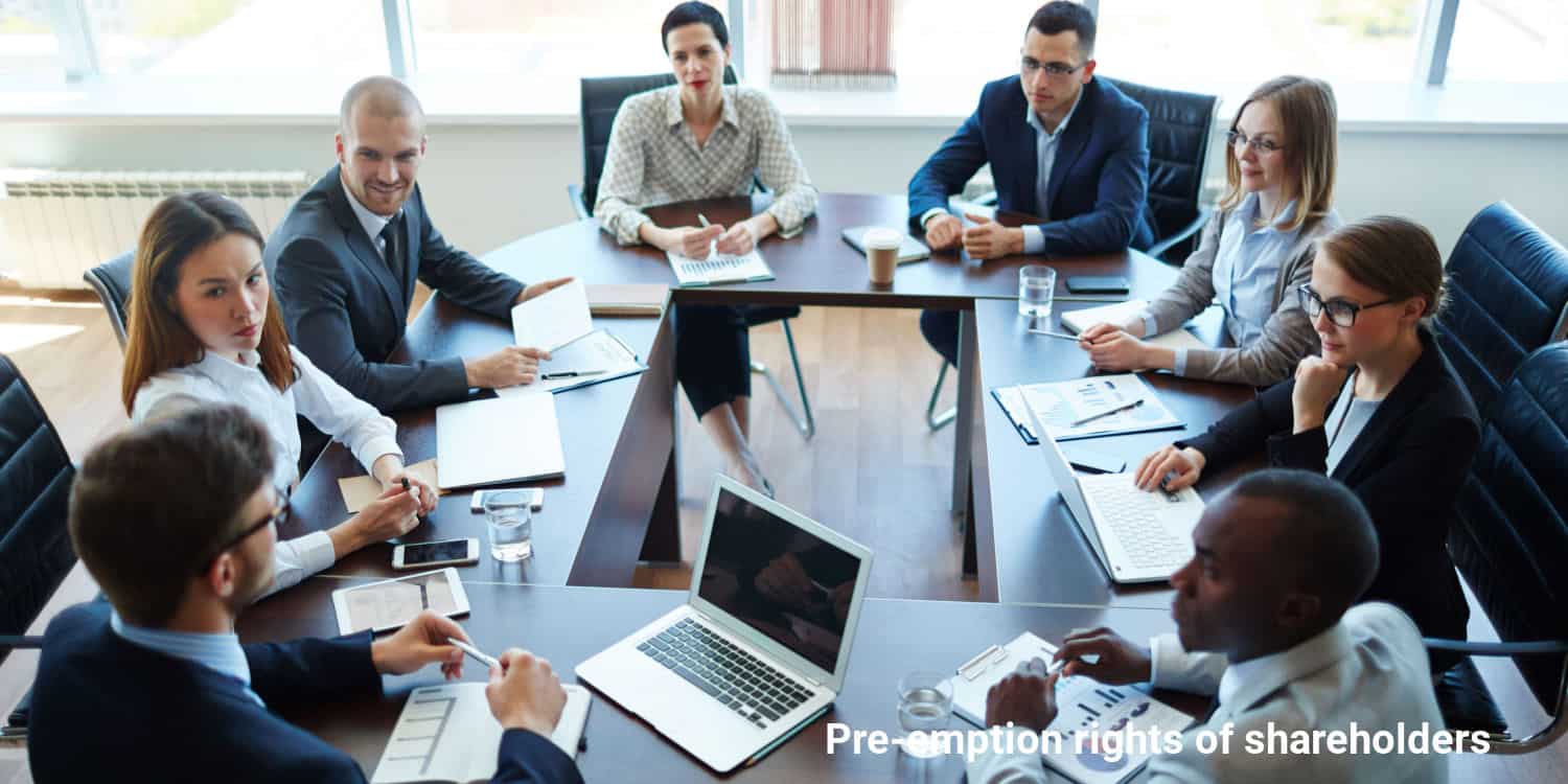 Meeting of 8 shareholders sitting at a boardroom table with the heading 'pre-emption rights of shareholders'.