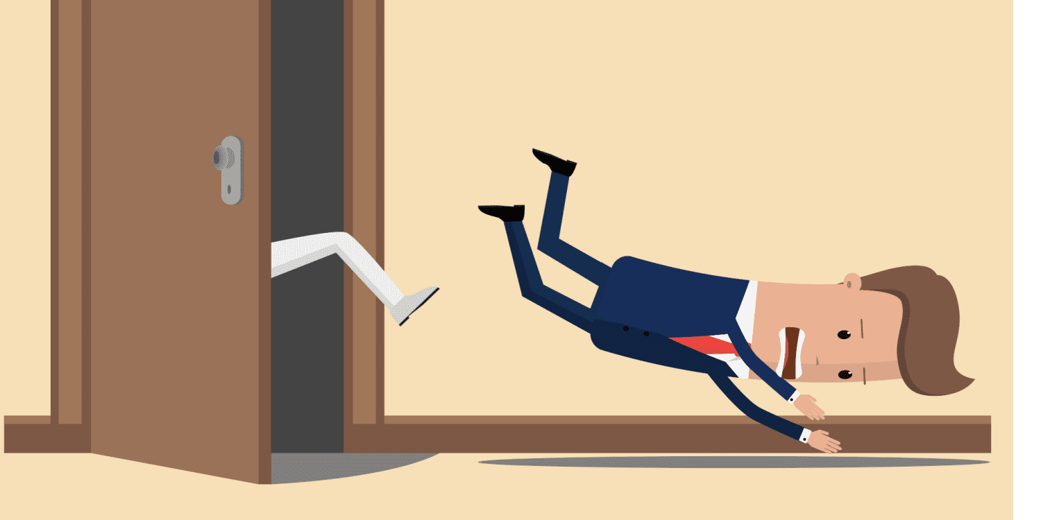 Vector illustration of a business person being kicked out by the boss. Concept of removing a company secretary from a limited company.