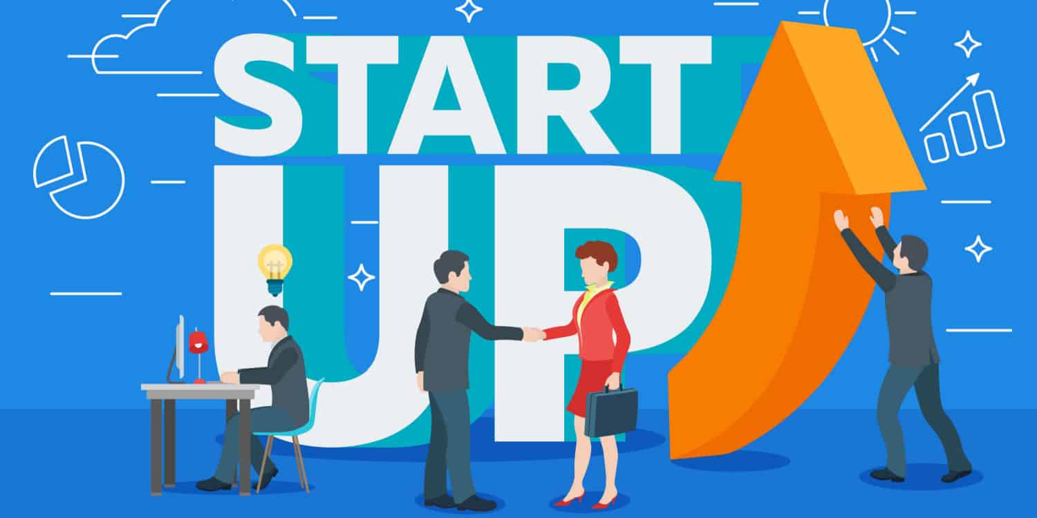 Business startup banner, with businessmen and businesswomen conducting startup tasks such as registering a company.