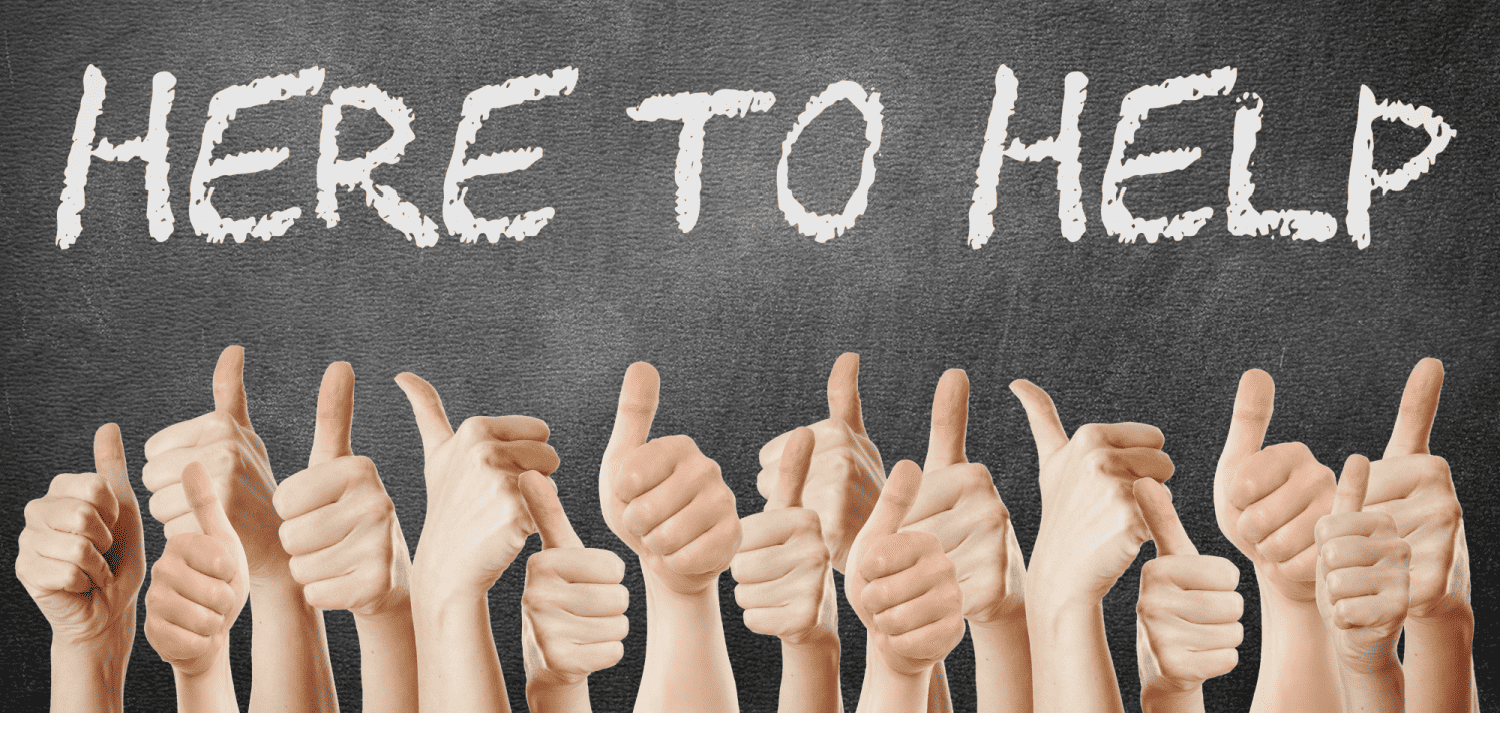 HERE TO HELP is written in white chalk on a blackboard with hands below displaying the thumbs-up sign.