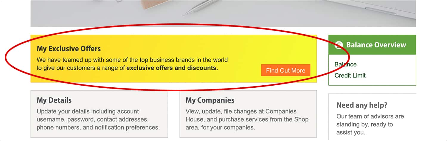 Screenshot of the 1st Formations Online Company Manager with the 'My Exclusive Offers' box circled