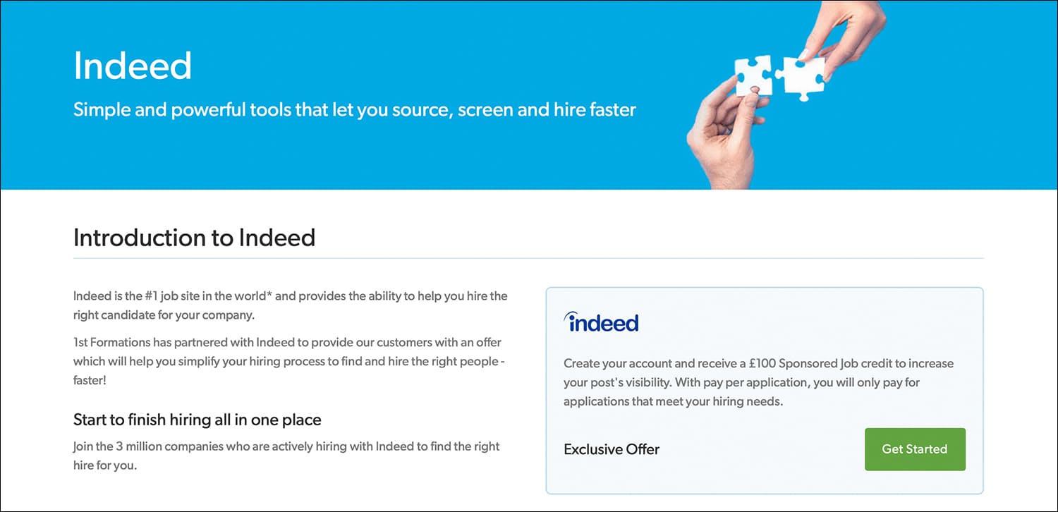 Screenshot of the dedicated 'Indeed' page offer on the 1st Formations Partner Offers page 
