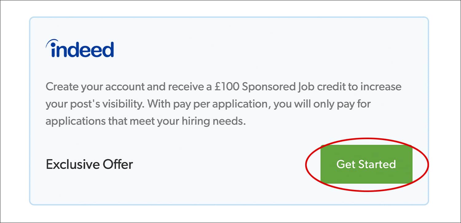 Screenshot of the 'Indeed' offering with 'Get Started' circled