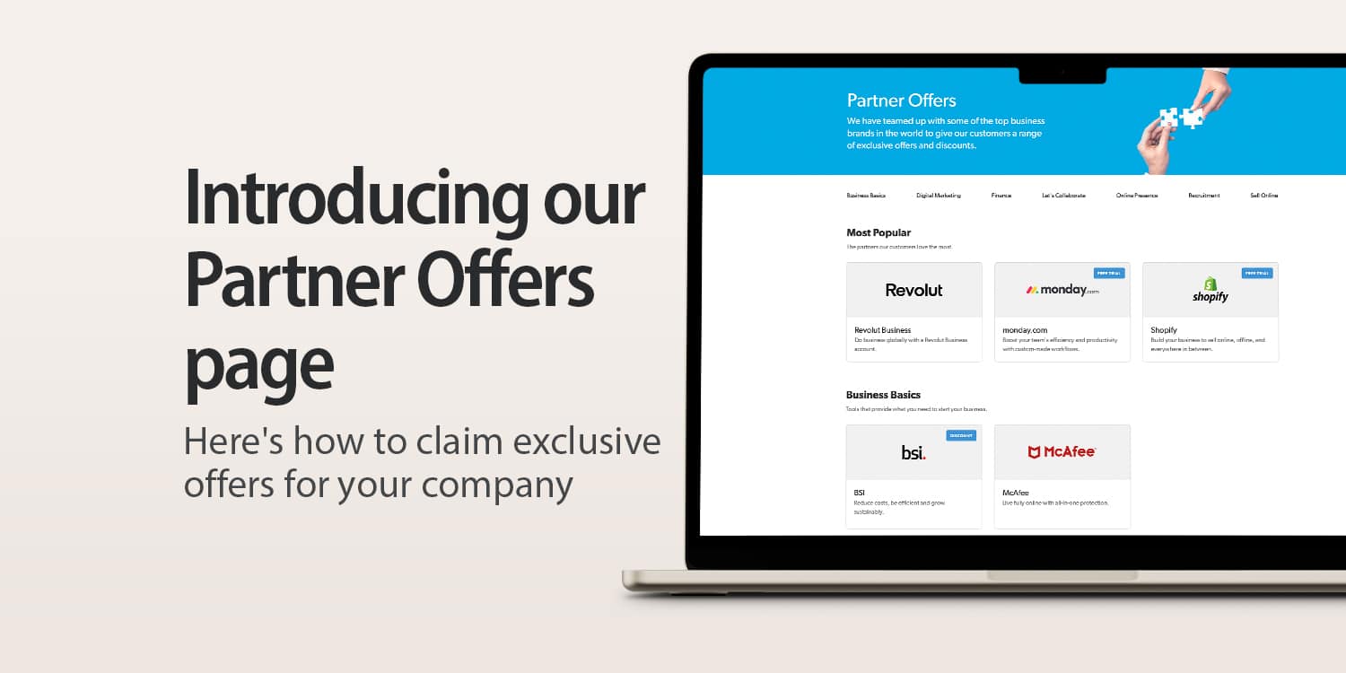 'Introducing the Partner Offers page' heading and 'Here's how to claim exclusive offers for your company', subheading next to a laptop that's showing a screenshot of the 1st Formations Partner Offers page.
