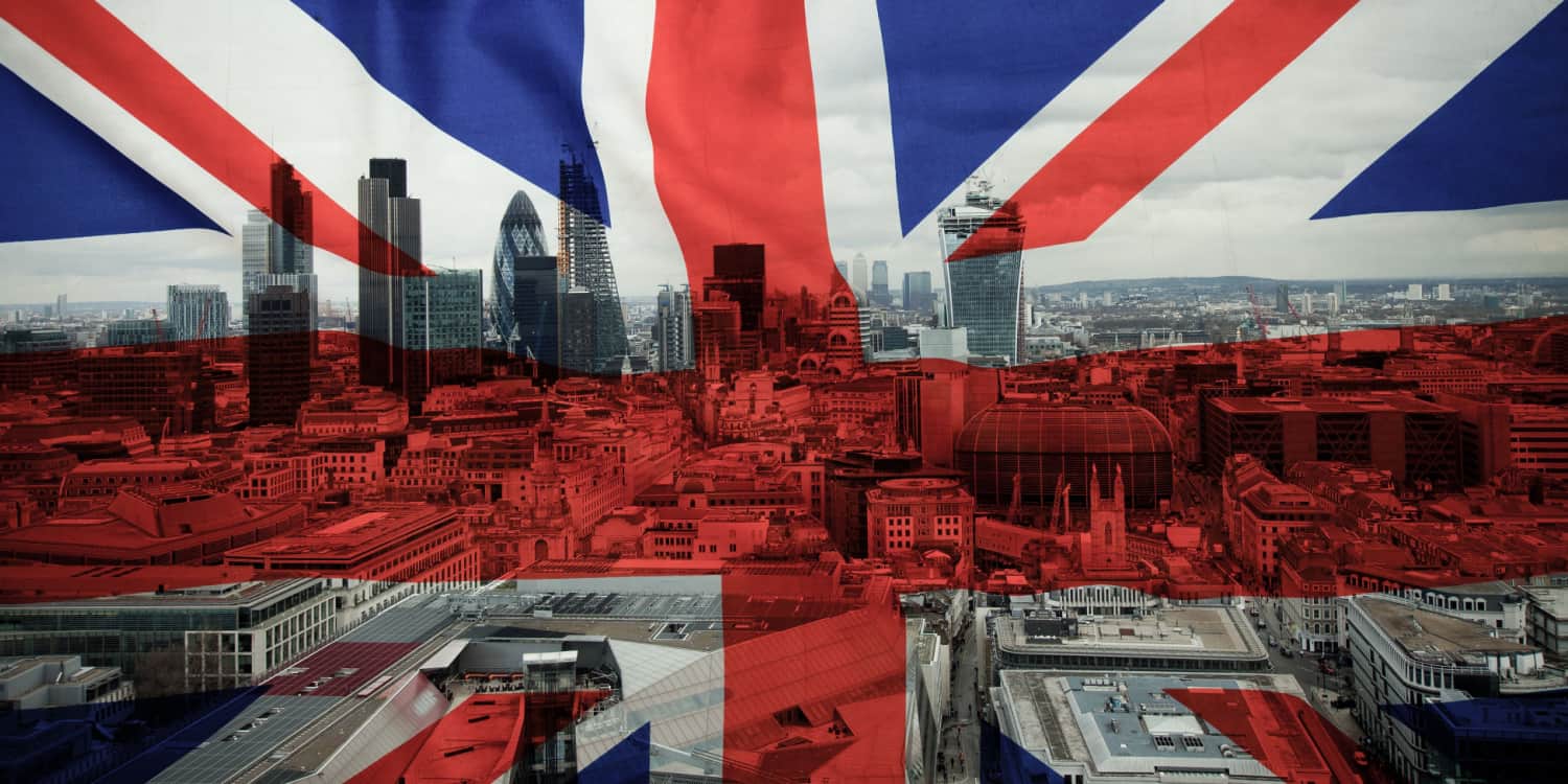 Union Jack flag overlayinging a skyline image of the City of London.