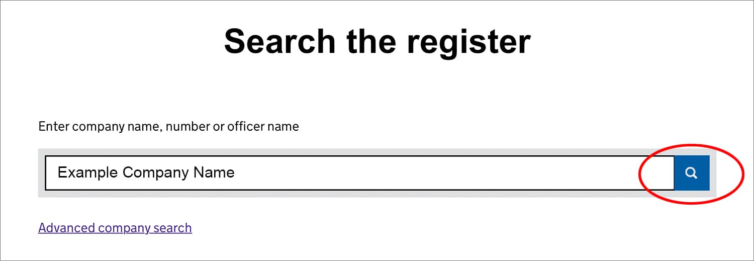 Screenshot of the Companies House 'Search the register' tool's main search page