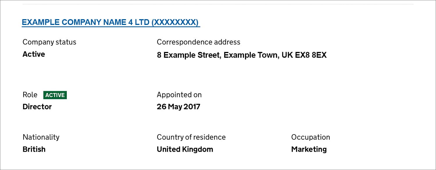 Screenshot of the Companies House 'Search the register' tool, showing general information for a company that an individual is a director of