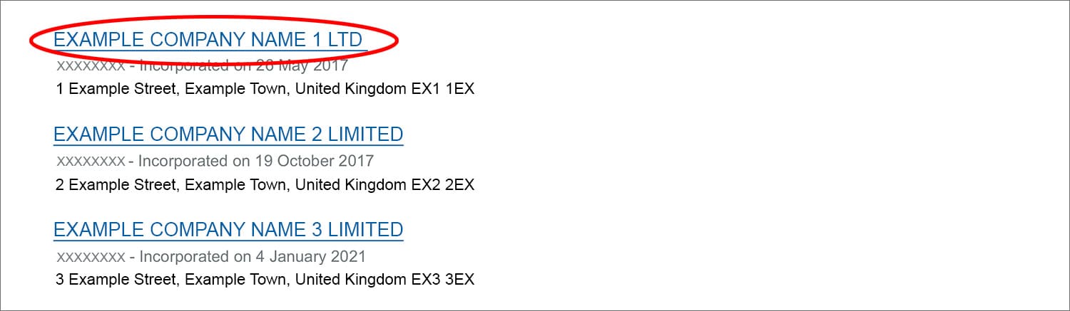 Screenshot of the Companies House 'Search the register' tool's results page