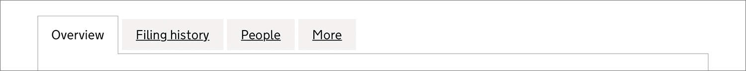 Screenshot of the Companies House 'Search the register' tool's different headers on the main company page; Overview, Filing history, People and More