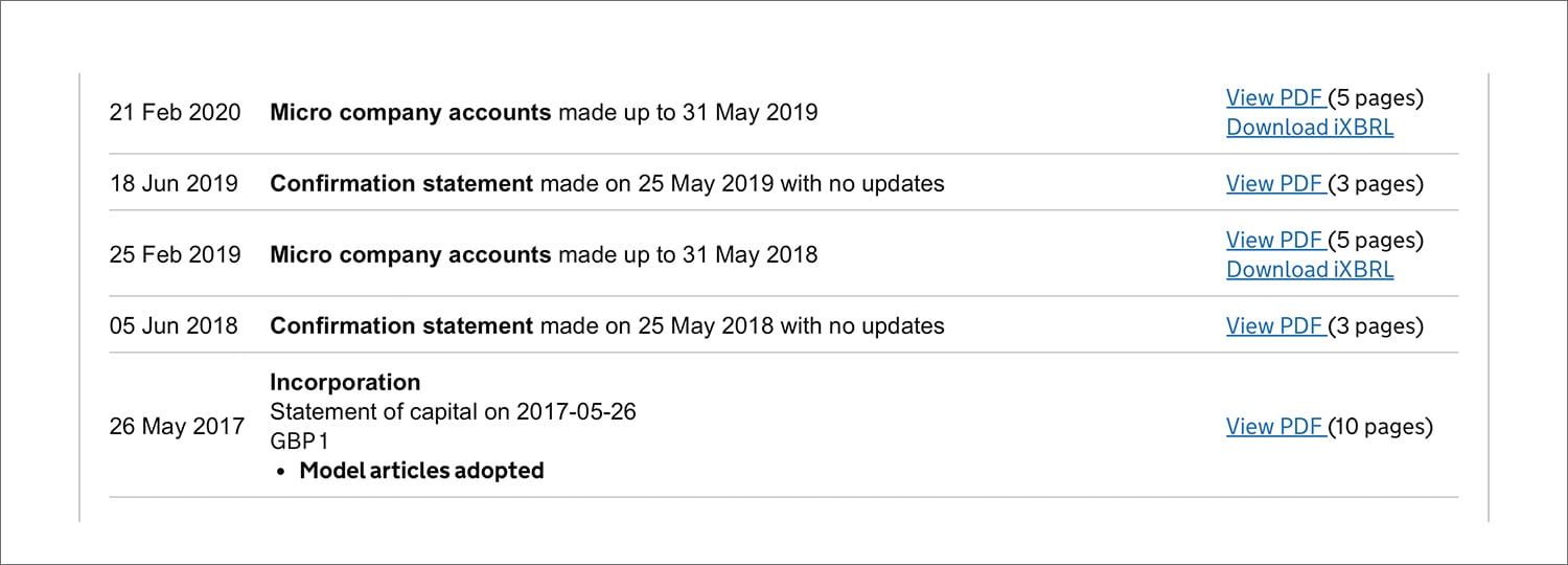 Screenshot of the Companies House 'Search the register' tool's 'Filing history' page listing different company documents