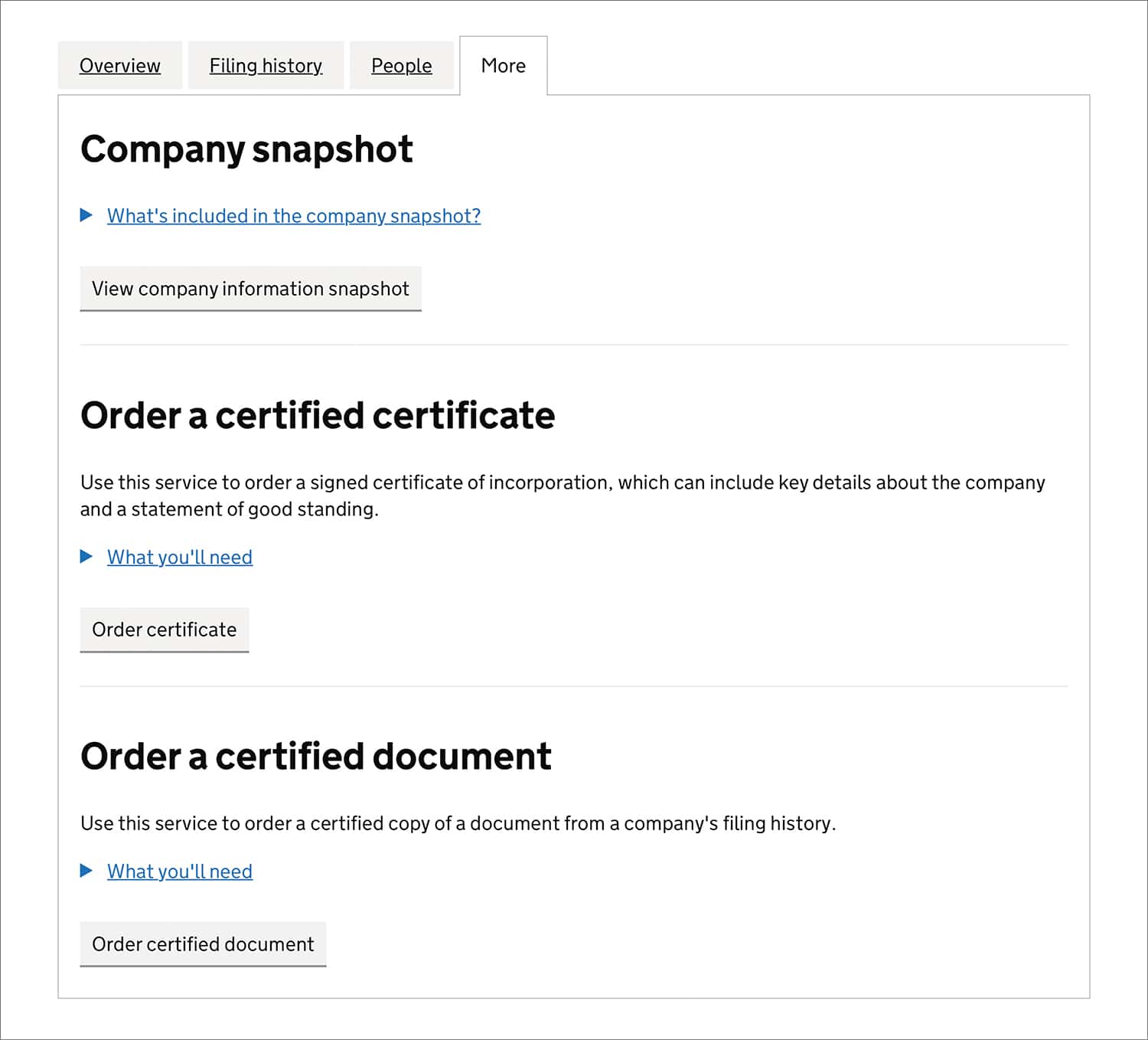 Screenshot of the Companies House 'Search the register' tool's 'More' page, showing the options to see a company snapshot. order a certificate, and order a certified company document