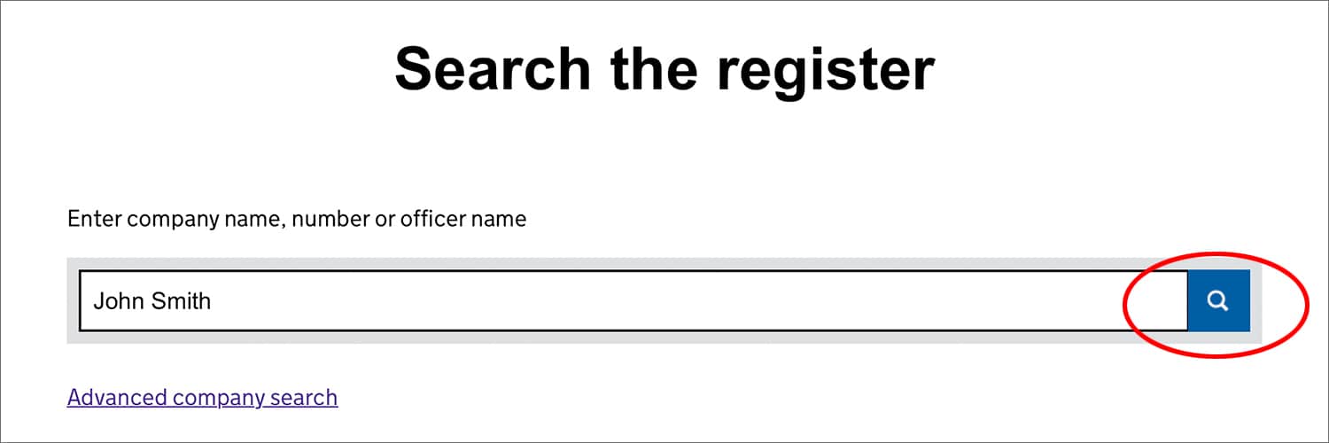 Screenshot of the Companies House 'Search the register' tool's main search page
