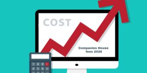 Illustration of a rising red arrow on a computer screen with the word "COST" and the text "Companies House fees 2026," alongside a calculator, indicating an increase in company registration or filing costs