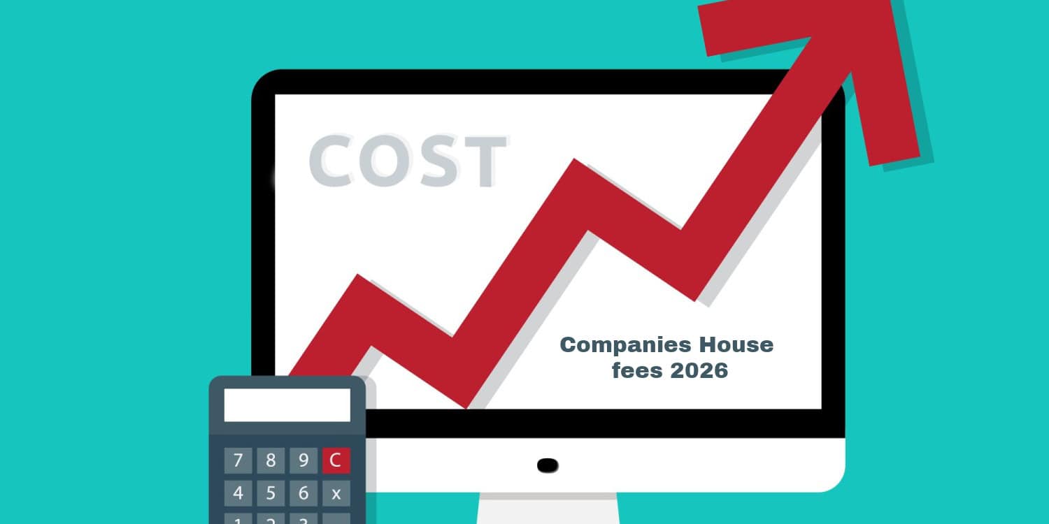 Illustration of a rising red arrow on a computer screen with the word "COST" and the text "Companies House fees 2026," alongside a calculator, indicating an increase in company registration or filing costs