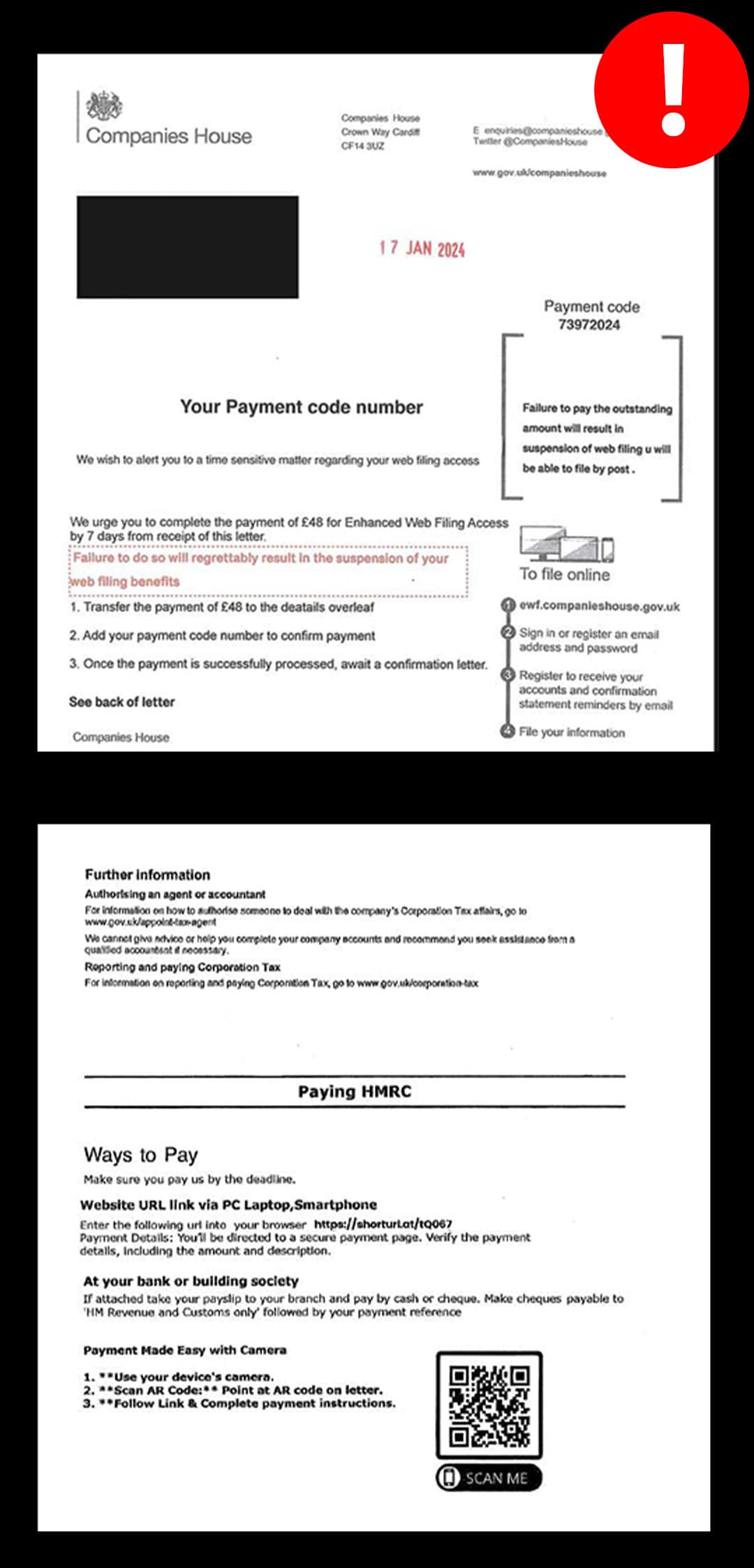 An example of a Companies House scam letter with red 'scam warning' sign.