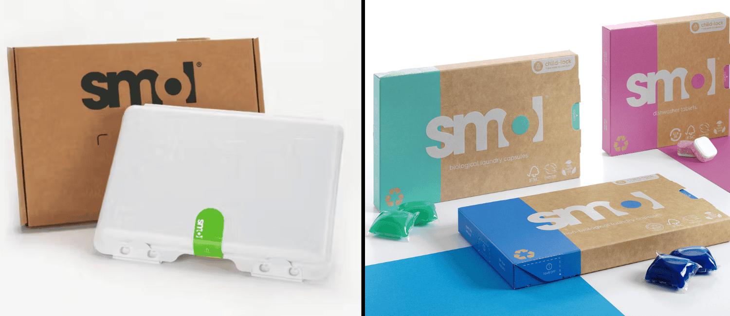 A 'before and after' style image, featuring a cardboard box labelled 'smol' on the left with a plain white box in front of it. On the right, three colourful 'smol' branded boxes with laundry capsules placed in front