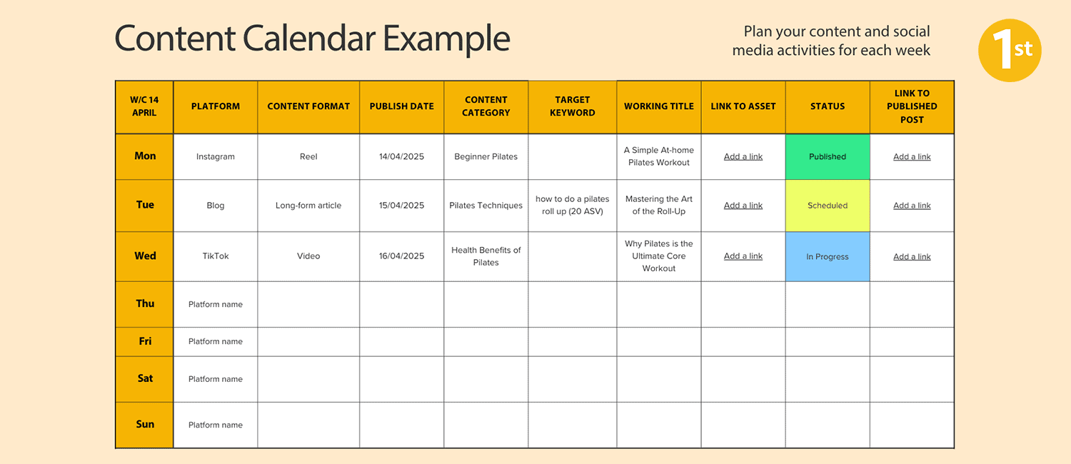 Exemplar content calendar showing a draft content plan for a pilates studio