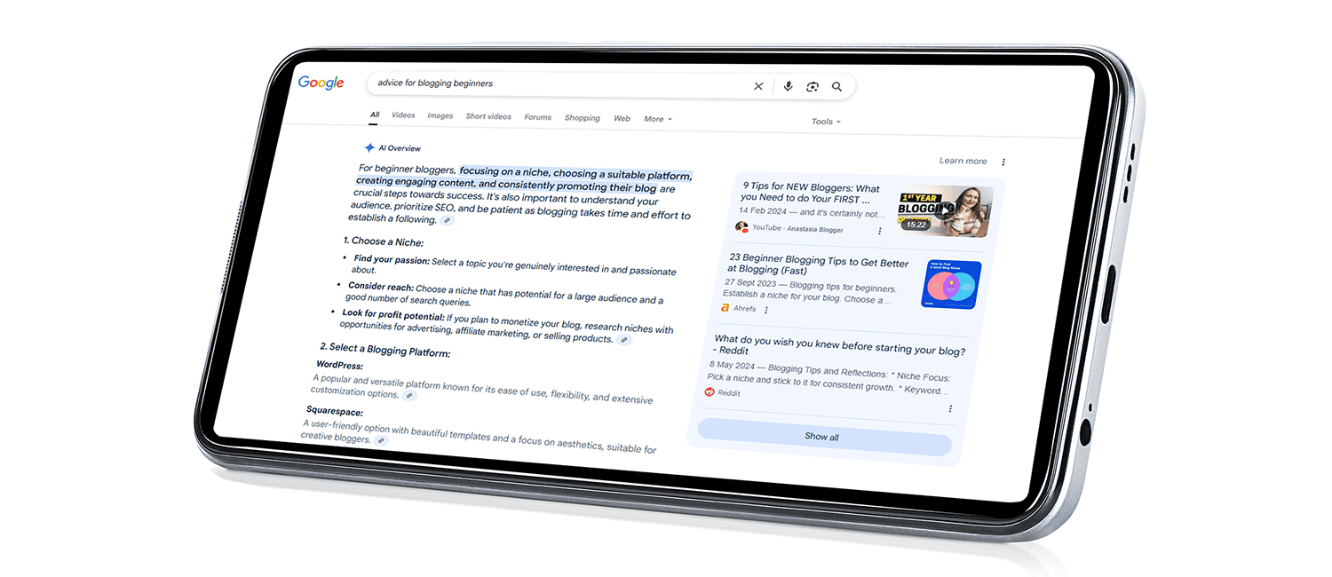 A phone screen displaying an AI Overview with Reddit and YouTube citations displayed in the results