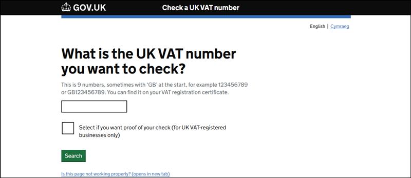 Screenshot of HMRC’s UK VAT number checker page, showing a field to enter a VAT number and an option to request proof of the check
