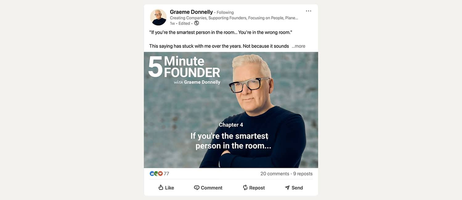 A promotional image for 1st Formations' Graeme Donnelly's "5 Minute Founder," featuring the title, chapter details, and a thoughtful expression from the speaker.