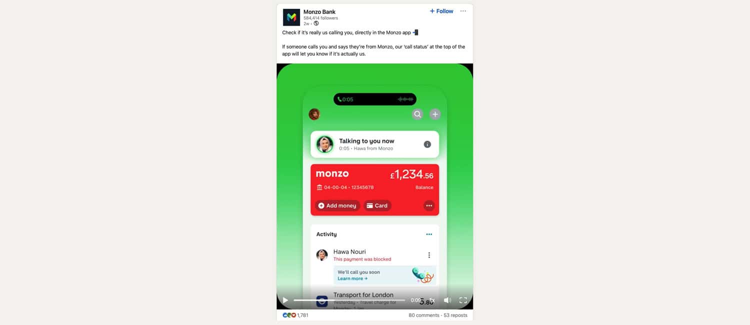 Screenshot of the Monzo's LinkedIn post, displaying a new app feature announcement.