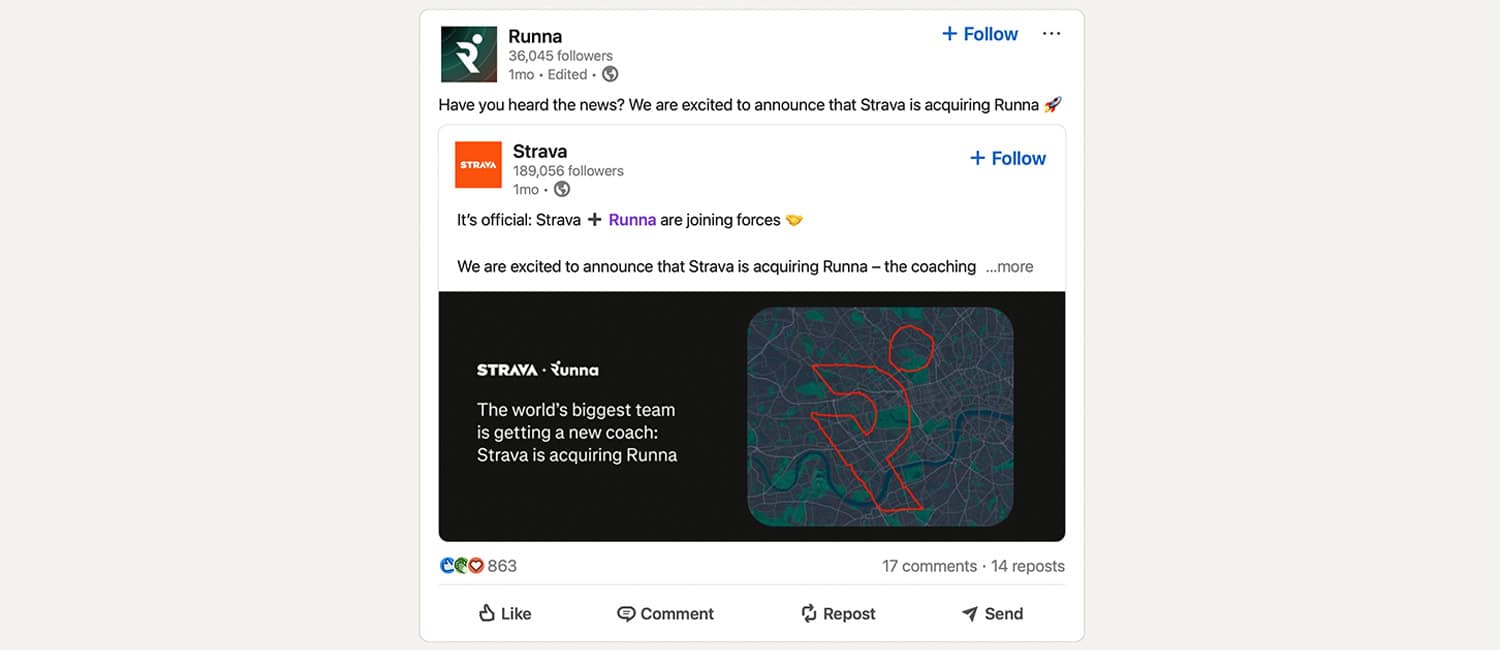 Runna announces its partnership with Strava in a LinkedIn post, showcasing a graphic of a runner against a map background.