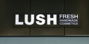 Signboard of Lush store, a popular UK fresh handmade cosmetics products store.