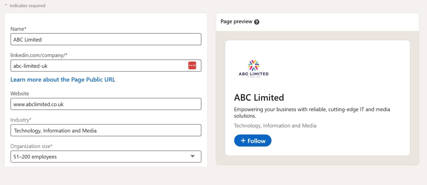 Screenshot of a company LinkedIn profile preview. A brief form is visible on the left and a page preview on the right, including a logo for 'ABC Limited', company bio, and a blue 'Follow' button.
