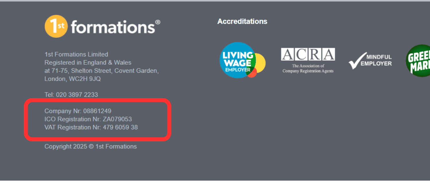 1st Formations' Company VAT number displayed in the footer of the website