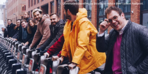London commuters reducing their carbon footprint by travelling by bicycle.