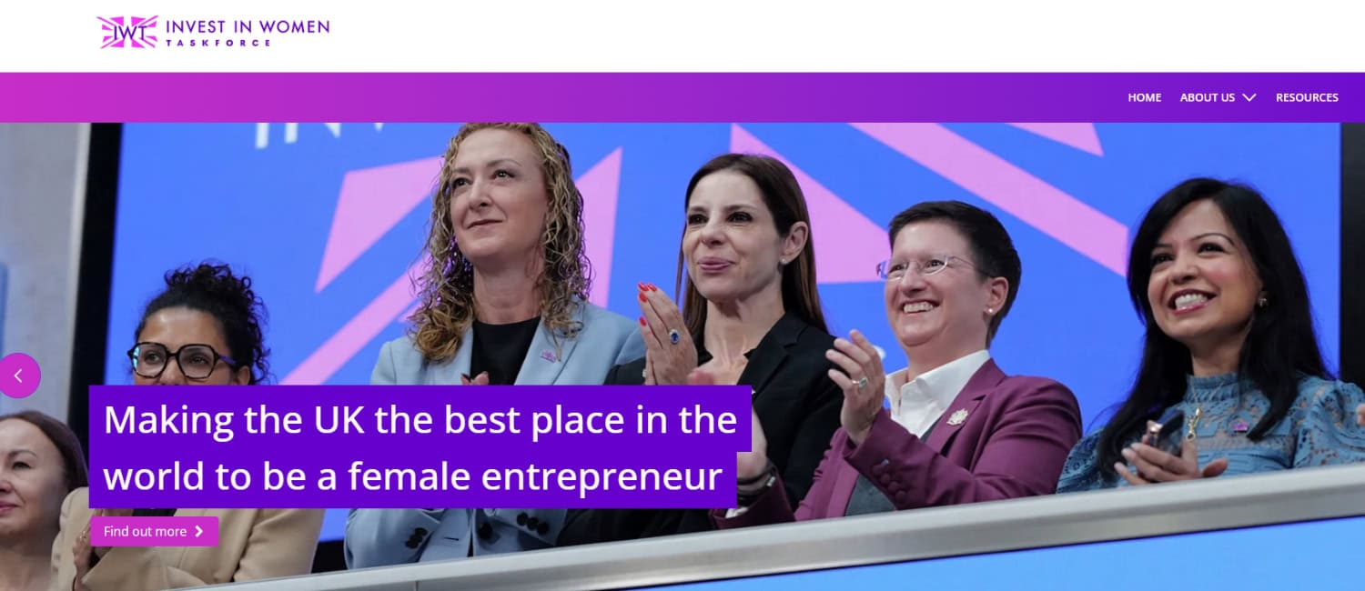 Screenshot of the Invest in Women Taskforce homepage with the headline “Making the UK the best place in the world to be a female entrepreneur". 
