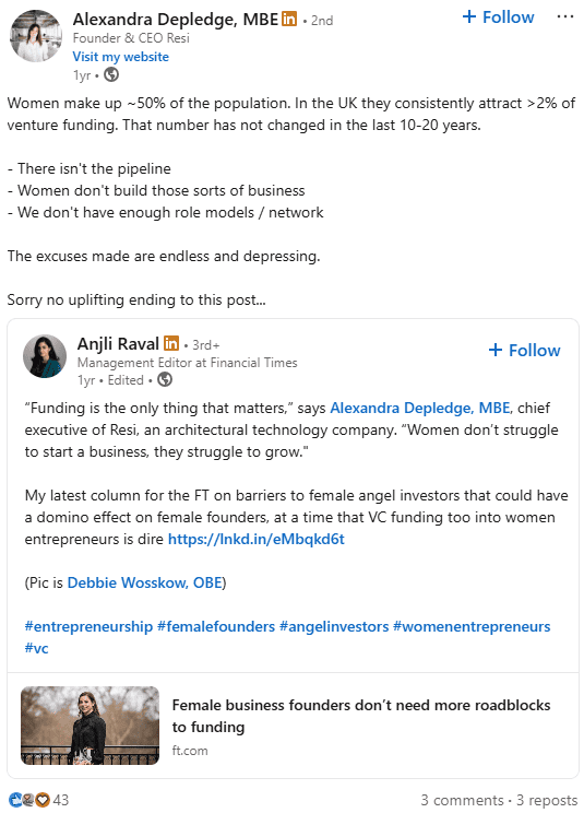 LinkedIn post preview by Alexandra Depledge MBE