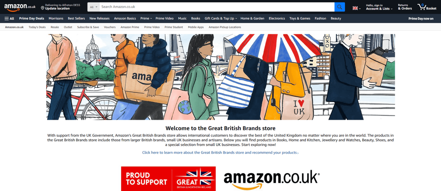 A screenshot of the Great British Brand Store on Amazon UK website, showcasing an illustration of diverse shoppers in London, carrying bags and boxes.