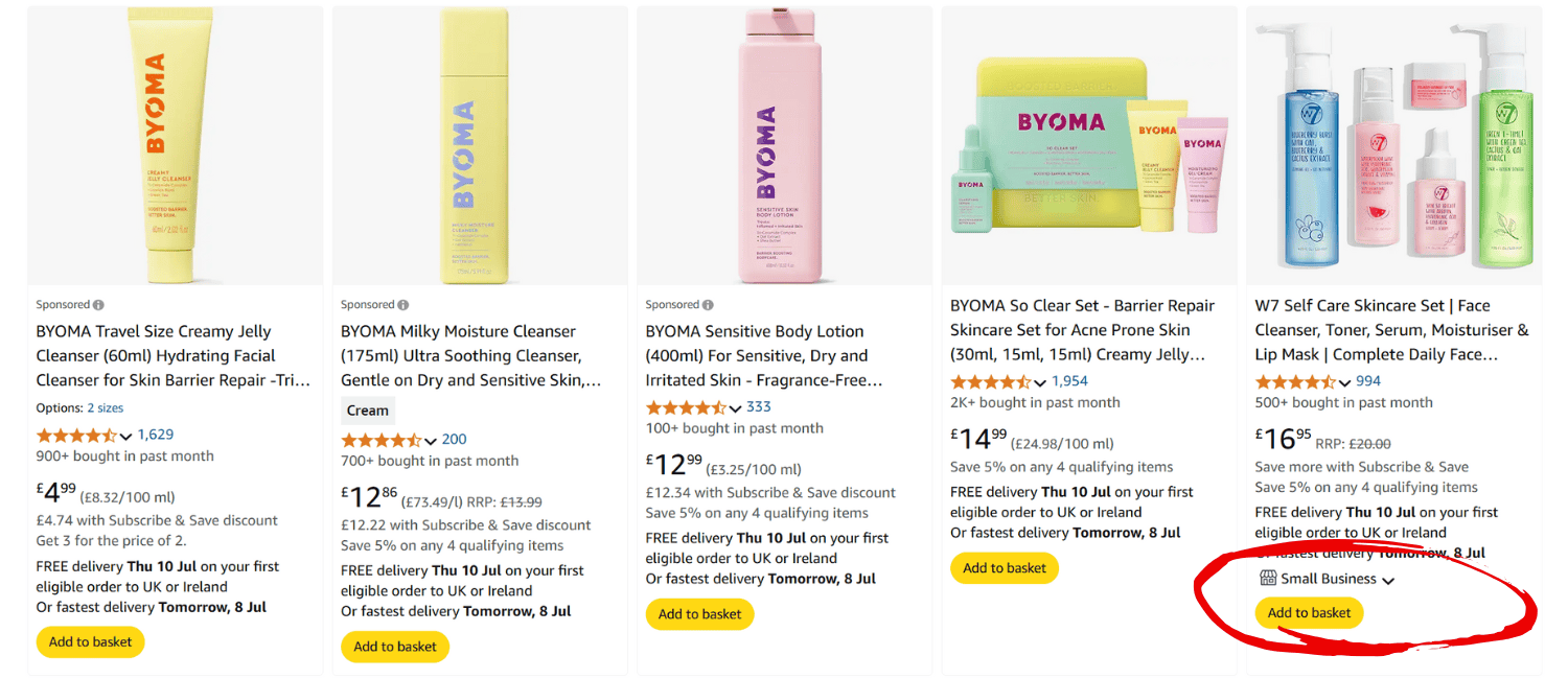 Image shows various BYOMA and W7 skincare products with pricing and purchase options on Amazon. A red circle marks a "Small Business" badge underneath the W7 listing.