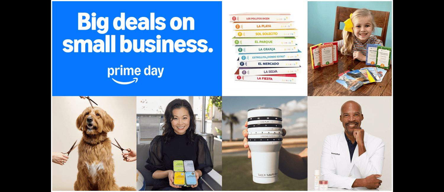 A collage showcasing pet grooming, educational materials, a reusable cup, and a beauty professional, promoting small business deals on Amazon Prime Day.