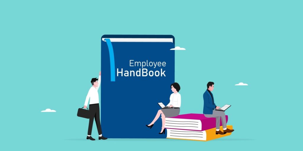 Illustration of employees interacting with a giant employee handbook, symbolising workplace guidelines; one person is standing with a briefcase while two others sit on large books using laptops