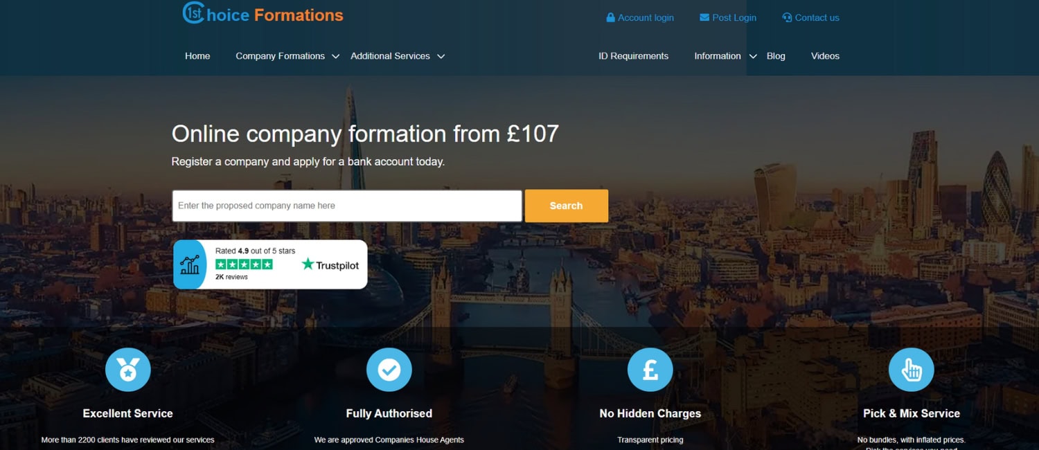 Homepage of 1st Choice Formations showing a company name search tool, pricing details, and a background view of London skyline.