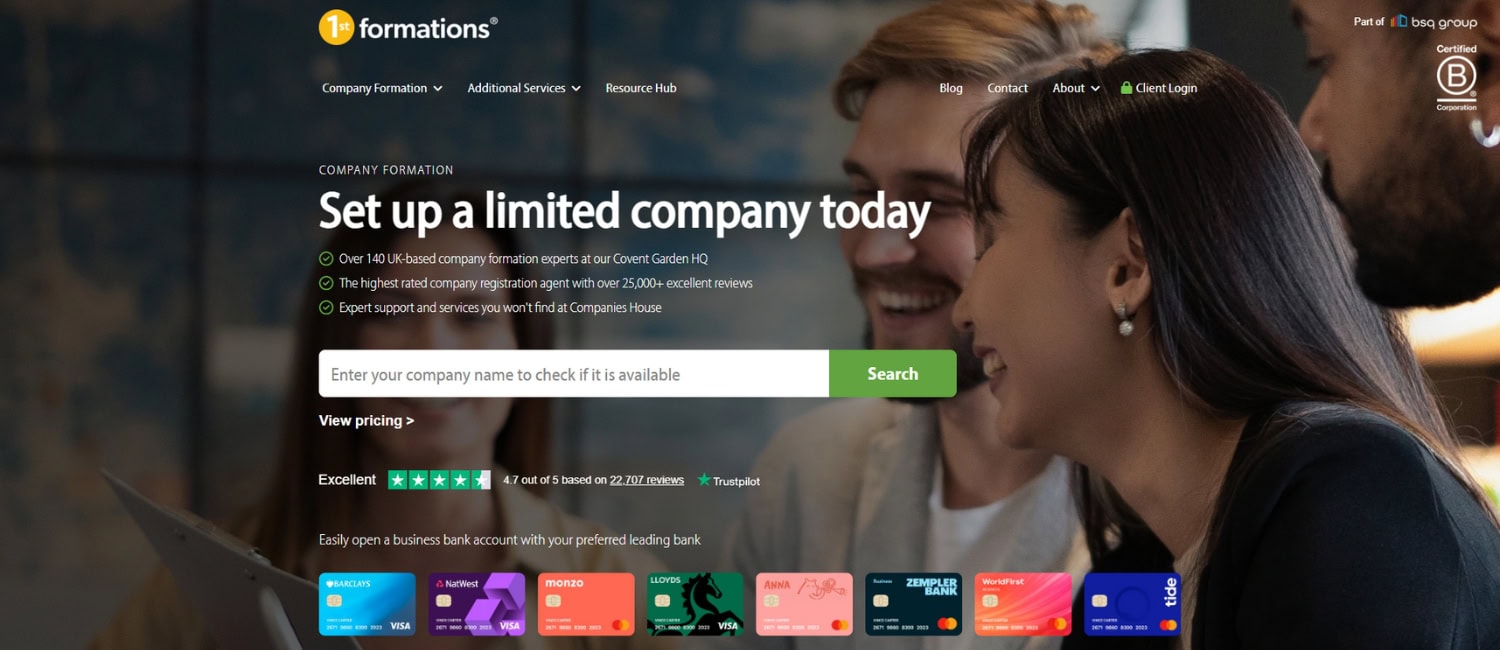 1st Formations website homepage featuring a call to action to set up a limited company, a company name search bar, and positive reviews.