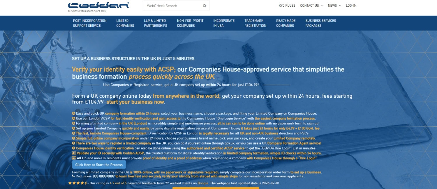 Coddan homepage showcasing their business formation services with details on quick company registration and identity verification.