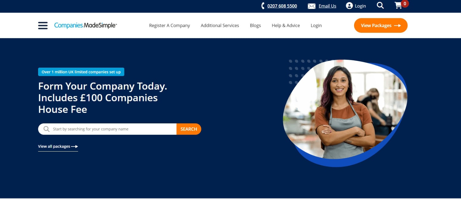 Homepage of Companies Made Simple featuring a call to form a company, a search bar for company names, and a smiling business owner.