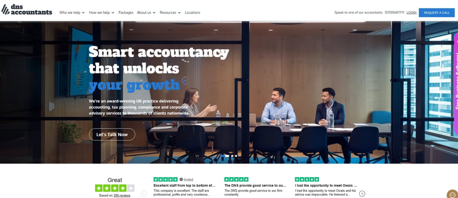Homepage of DNS Accountants featuring a meeting scene and the tagline 'Smart accountancy that unlocks your growth'