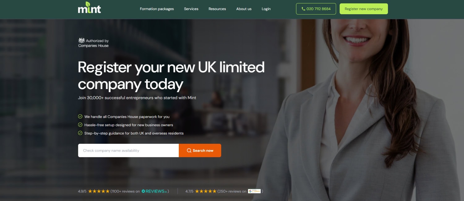 Website homepage of Mint Formations featuring a businesswoman and a search bar for checking company name availability.