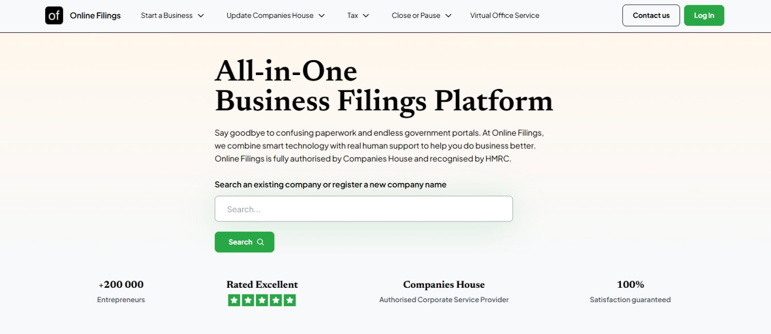 Website homepage of Online Filings featuring a search bar for company name registration and the tagline 'All-in-One Business Filings Platform'