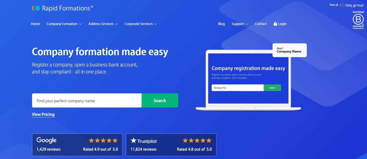 Homepage of Rapid Formations featuring a company name search tool and a message about easy company registration and compliance.